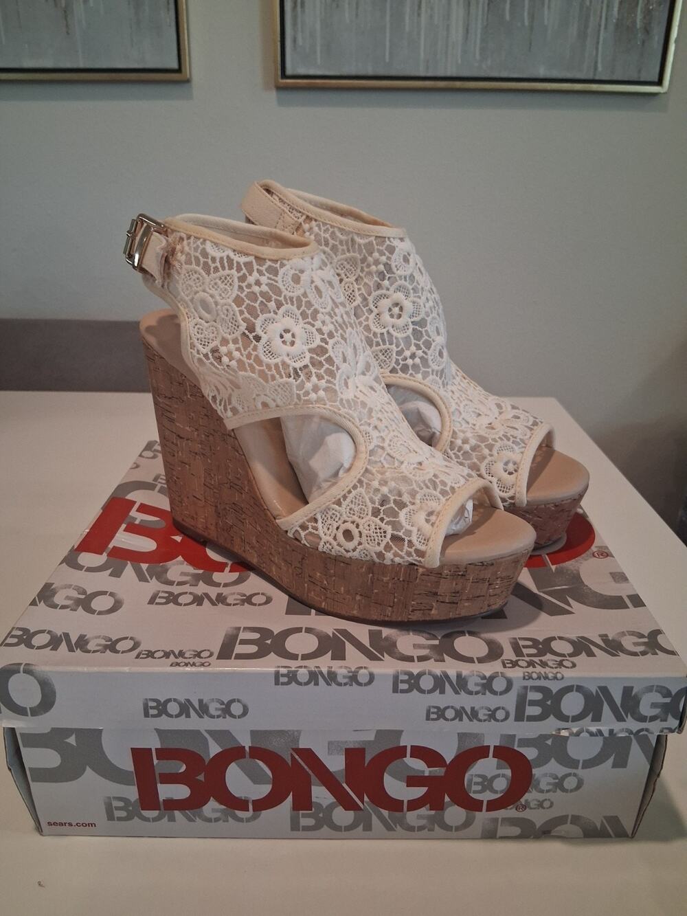Bongo Bella Cream Lace Cork Wedge Sandals Platform Heels Women's Size 9.5 M
